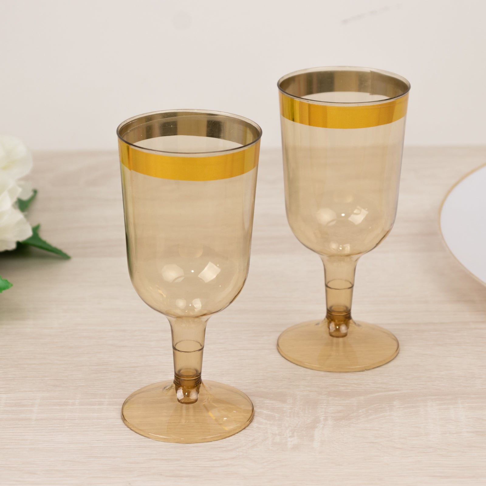 12 Pack Plastic Short Stem Wine Glasses 6oz Transparent Gold/Gold Rim - Disposable Cups for Parties